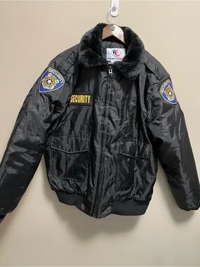First Class Black Security Bomber Jacket with Faux Fur Collar Men’s Large
